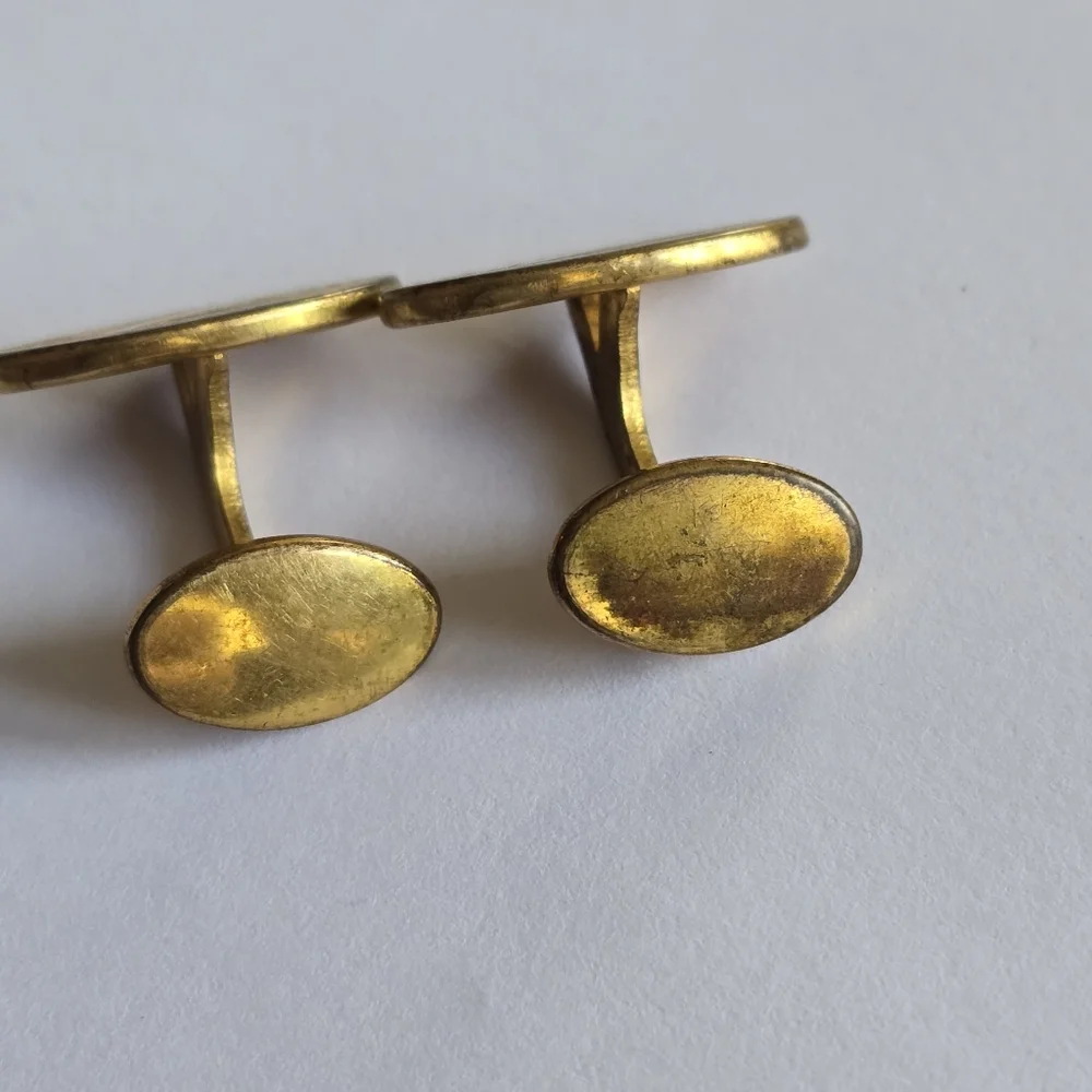 Vintage cuff links gold tone oval engraved leaves lines edwardian art deco
